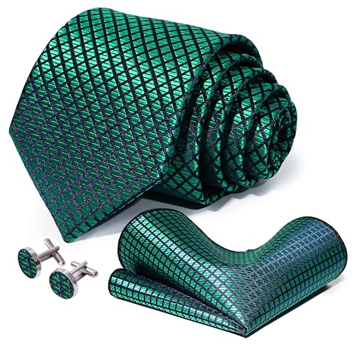 5PCS Mens Silk Tie, Pocket Square, Cufflinks, Drilled Tie Ring and Lapel Pin Set for Wedding Groom Party - color: Green Tie Set -61