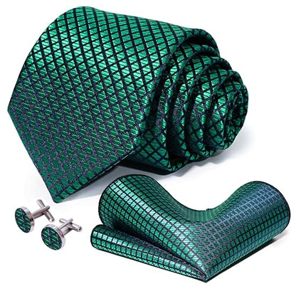 5PCS Mens Silk Tie, Pocket Square, Cufflinks, Drilled Tie Ring and Lapel Pin Set for Wedding Groom Party - color: Green Tie Set -61