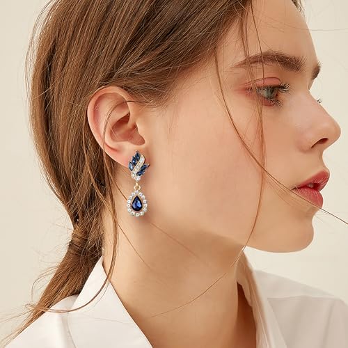 EleQueen Women's Austrian Crystal Art Deco Tear Drop Dangle Earrings Clip-on - color: 01-Gold-tone Blue Color