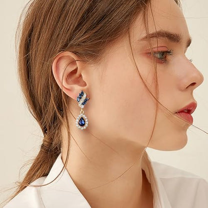 EleQueen Women's Austrian Crystal Art Deco Tear Drop Dangle Earrings Clip-on - color: 01-Gold-tone Blue Color