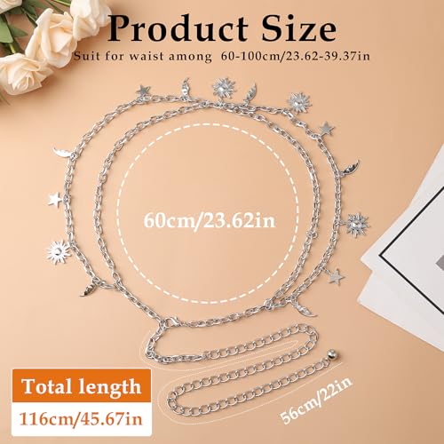 Double Layer Metal Chain Belt, Moon Star Waist Chain Fashion Link Belt Skinny Dress Waist Chain Belt For Women - color: Silver