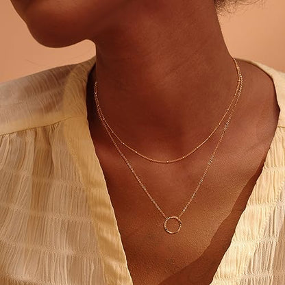Fettero Pendant Necklace Gold Choker Layered Coin Open Karma Circle Full New Crescent Moon 14K Gold Plated Simple Dainty Necklaces for Women Jewelry Gift - style: Karma Circle / 2 Layer