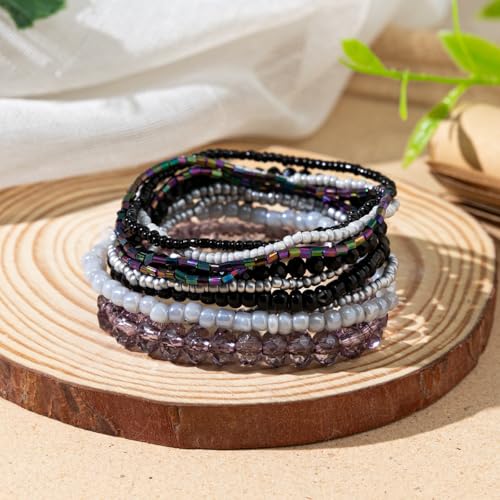 tenghong2021 Handmade Bohemian Multilayer Bracelets Boho Glass Beaded Colorful Strand Multilayered Stackable Seed Beads Bracelet for Women Friends Friendship Gifts Summer Beach Hawaii Jewelry - color: Black