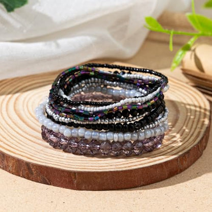 tenghong2021 Handmade Bohemian Multilayer Bracelets Boho Glass Beaded Colorful Strand Multilayered Stackable Seed Beads Bracelet for Women Friends Friendship Gifts Summer Beach Hawaii Jewelry - color: Black