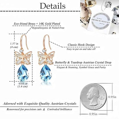 Austrian Crystal Teardrop Butterfly Drop Dangle Earrings for Women 14K Rose Gold Plated Hypoallergenic Jewelry - color: Aquamarine