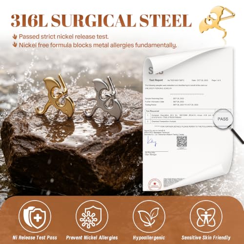 6PCS Dragon Nose Stud Gothic Nostril Ring for Women Men | 316L Surgical Stainless Steel, Fantasy Punk Piercing Jewelry, For Sensitive Skin, L-Shape - color: Gold
