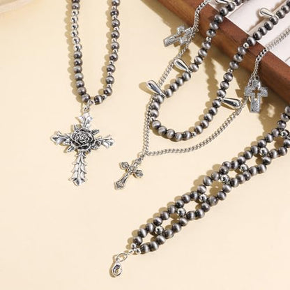 Bocar Gothic Cross Layered Pearl Necklace Chunky Statement Stacked Necklace Y2K Silver Layered Necklace for Women (NK-10769) - color: Navajo