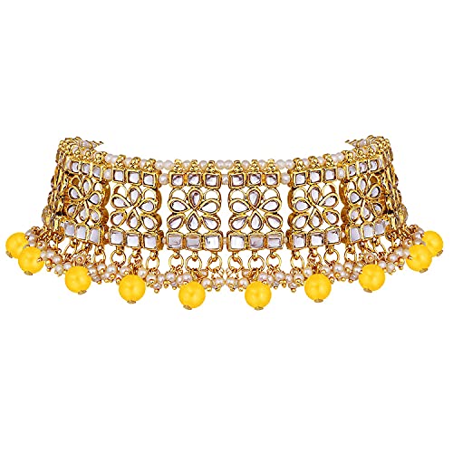 Aheli Elegant Indian Faux Kundan Studded Choker Necklace with Maang Tikka Set Ethnic Wedding Wear Bharatanatyam jewellery set Gift for Women - color: Yellow