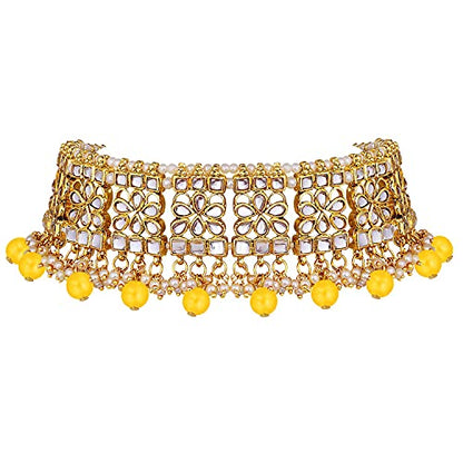 Aheli Elegant Indian Faux Kundan Studded Choker Necklace with Maang Tikka Set Ethnic Wedding Wear Bharatanatyam jewellery set Gift for Women - color: Yellow