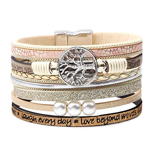 Desimtion Inspirational Tree of Life Boho Leather Wrap Bangle Bracelets for Women, Teen Girl Gifts Trendy Stuff, Fashion Accessories Jewelry Gifts for Women Girls - color: Beige