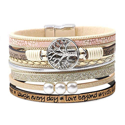Desimtion Inspirational Tree of Life Boho Leather Wrap Bangle Bracelets for Women, Teen Girl Gifts Trendy Stuff, Fashion Accessories Jewelry Gifts for Women Girls - color: Beige