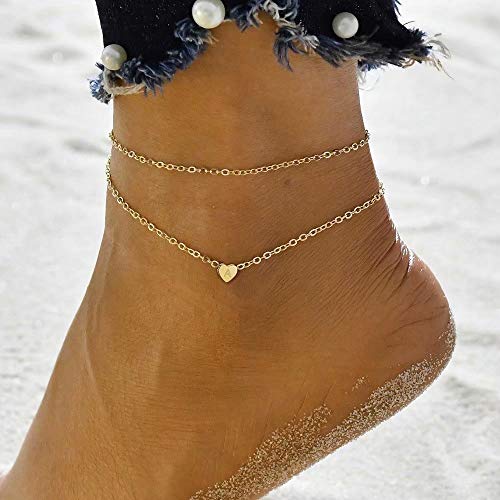 Heart Initial Ankle Bracelets for Women, 14K Gold Filled Handmade Dainty Layered Anklet Letter Initial Heart Ankle Bracelets for Women Beach Jewelry Gifts - style: A.