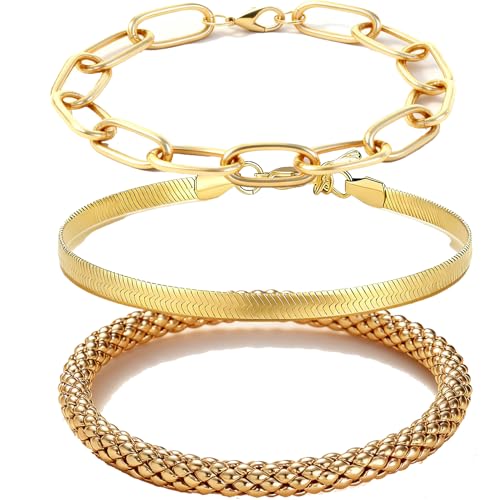 Alegend 14K Gold Plated Stackable Multilayer Bracelets + Titanium Steel(Not Rust, Resist Corruption, Easily Clean) 18K Gold Plated Single Bracelets - color: 14K Gold + 3PCS