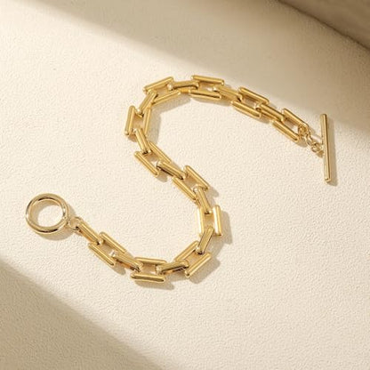 Chunky 14k Gold Cuban Bracelet 8 Inch Square Lock Toggle Clasp Women | Premium 14k gold plated chunky cuban link chain, square lock toggle clasp design, bold statement jewelry for daily women wear