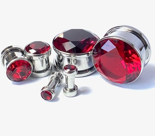PAIR of Stunning Large CZ Red Gem Screw Fit Tunnels - Plugs - Gauges - Body Jewelry - size: 5/8" (16mm)