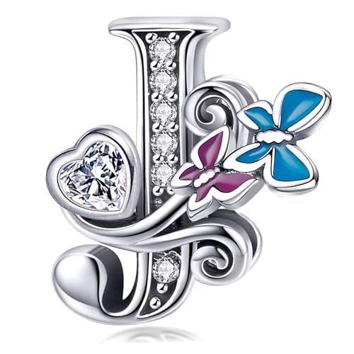S925 Silver Butterfly Initial Letter Charms Fit for Pandora Charms Bracelets and Necklace Alphabet Bead Charms Jewelry Gifts for Women - color: J