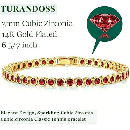 Tennis Bracelets for Women Teen Girls, Gold Jewelry | 3mm Cubic Zirconia, Dainty & Classic Tennis Bracelets, 14K Gold Plated, Adjustable Bracelet for Wrist Essentials - color: Garnet Red 6.5 Inch