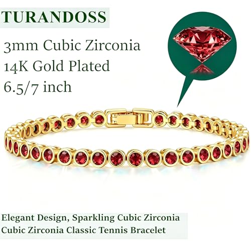 Tennis Bracelets for Women Teen Girls, Gold Jewelry | 3mm Cubic Zirconia, Dainty & Classic Tennis Bracelets, 14K Gold Plated, Adjustable Bracelet for Wrist Essentials - color: Garnet Red 7 Inch