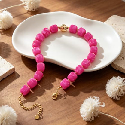 Chunky Beaded Necklace for Women,Square Resin beads boho Choker Necklace with gold-tone spacers,Fashion Trendy Summer Beach Party Necklaces Handmade Surfer Beach Necklaces Jewelry Gifts - color: Magenta