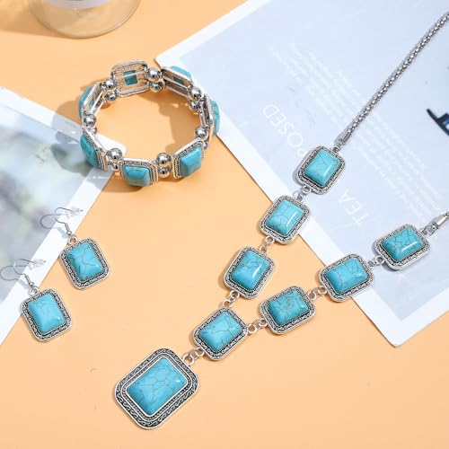 NEWITIN 4 Pieces Silver Bohemian Jewelry Set for Women Fashion Costume Jewels Turquoise Necklace Bracelet Earrings Western Turquoise Jewelry Set for Women - color: Turquoise A
