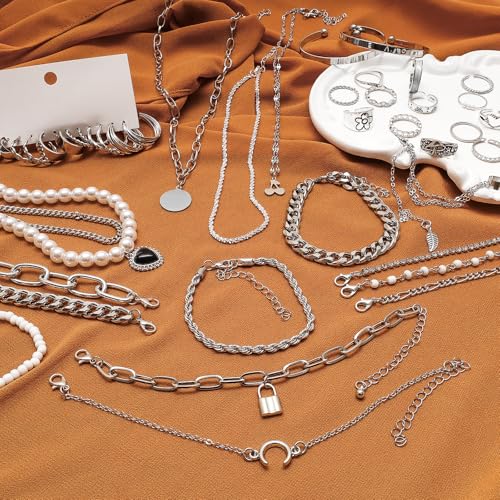 Gold/Silver Jewelry Set for Women Layered Bracelets Ball Dangle Hoop Earrings Stackable Knuckle Rings Set Dainty Adjustable Necklaces Valentine Anniversary Trendy Party Costume Accessories Jewelry - style: Moden