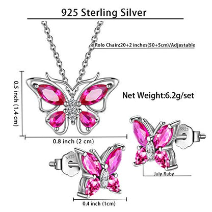 925 Sterling Silver Birthstone Butterfly Jewelry Women Crystal Animal Cute Butterflies Birthday Necklace/Earring/Ring/Bracelet Sets Birth Stone Statement Anniversary Jewellery - color: 1-G.July-Ruby