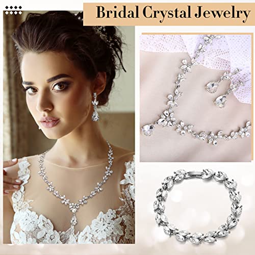 Henoyso 5 Pcs Wedding Jewelry Set for Women, Rhinestone Necklace Earrings Bracelet Headpieces Set for Bride Bridesmaid Prom - style: Bright Style