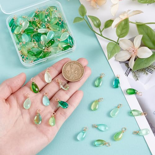 PH PandaHall 96pcs Green Teardrop Charms 8 Colors Transparent Glass Crystal Pendants, 18mm Crystal Dangle Charms Wire Wrapped Water Drop Charm for Necklace Bracelet Earring Jewelry Making