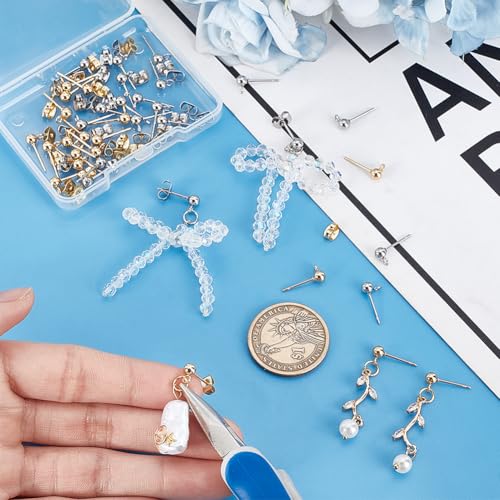 PH PandaHall 20 Pairs 304 Stainless Steel Earring Posts, Studs Flat Back Earrings Ear Pin Ball Post with Loop Butterfly Earring Backs for DIY Jewelry Making