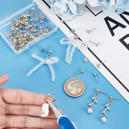 PH PandaHall 20 Pairs 304 Stainless Steel Earring Posts, Studs Flat Back Earrings Ear Pin Ball Post with Loop Butterfly Earring Backs for DIY Jewelry Making