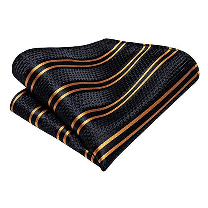 Hi-Tie Men 63inches Tie Set Extra Long Necktie Paisley Tie Pocket Suqare Cufflinks Big and Tall Men Tie - color: Black Gold