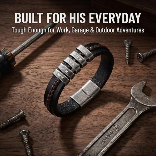 Personalized Bracelet for Men, Engraved Name Bead Braided Leather Bracelet for Dad Husband Grandpa Son, Custom Stainless Steel Men's Bracelet - color: 5 names