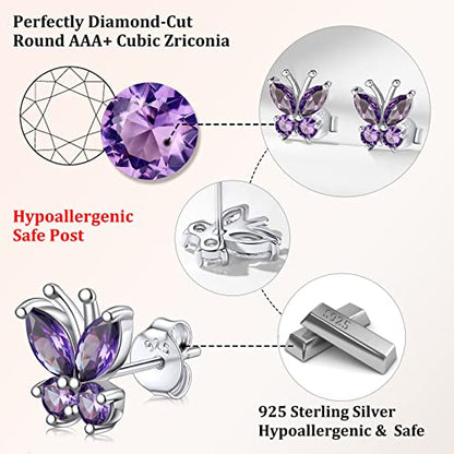 Bestyle Gold Butterfly Earrings for Women, Dainty Cute Birthstone Studs Hypoallergenic Jewelry, Great Birthday Gift - style: 02.February (Amethyst)-STUD