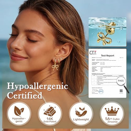 14K Gold Hoop Dangle Stud Earrings Surgical Steel Helix Piercing | Hypoallergenic,Cubic Zirconia,3 Pairs Huggie Hoop Set for Women,Dangle Stud,Cartilage Tragus Conch Earring,Jewelry Gift - color: B1-Gold Bow Earrings