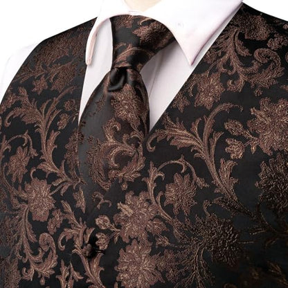 Hi-Tie Silk Mens Suit Vest Tie and Bowtie Lapel Pin Gold Tie Clip Paisley Floral Waistcoat 8PCS Set Tuxedo Wedding Party - color: Black and Brown, size: X-Large