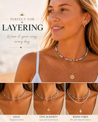 Natural Heishi Gemstone Choker Necklace for Women, Adjustable 15"+2" Beaded Layering Necklace, Coastal Beach Jewelry Gift for Her - color: Colorful Gemstone
