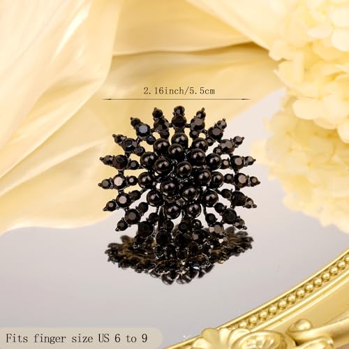 Elegant Big Crystal Ring for Women Gold Stacking Pearl Rhinestone Flower Rings Open Finger Adjustable Crystal Statement Ring Jewelry for Bridal Wedding - color: Crystal 2-black