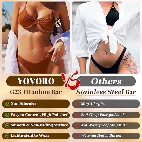 14G G23 Titanium Dangle Belly Button Rings for Women CZ Round Belly Rings Internally Threaded Flower Navel Ring Hypoallergenic Curved Barbell Belly Piercing Jewelry - style: Flower-Gold