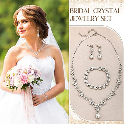 Henoyso 5 Pcs Wedding Jewelry Set for Women, Rhinestone Necklace Earrings Bracelet Headpieces Set for Bride Bridesmaid Prom - style: Elegant Style