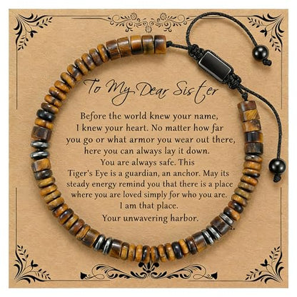 Natural Stone Beaded Bracelet for Men Women Boho Adjustable - color: Tiger Eye-sister