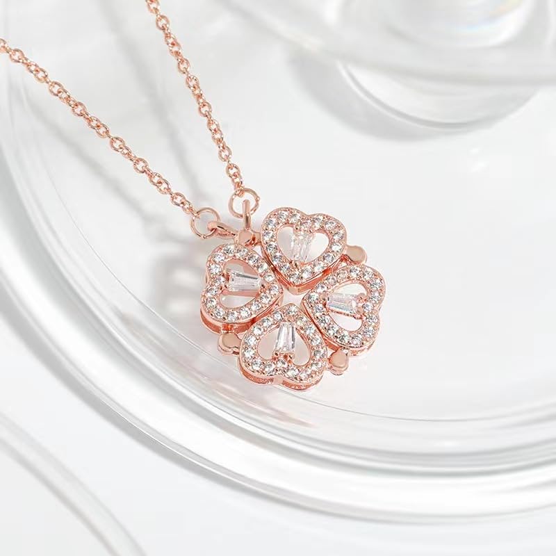 Four Leaf Clover Necklace Foldable for Women,925 Sterling SIlver Bling zircon stone Four Heart Grass Women's Necklaces Crocker ,Retro Magnetic Folding Love Heart Pendant One Style,Two Wearing Methods - color: Rose Gold