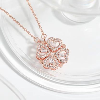 Four Leaf Clover Necklace Foldable for Women,925 Sterling SIlver Bling zircon stone Four Heart Grass Women's Necklaces Crocker ,Retro Magnetic Folding Love Heart Pendant One Style,Two Wearing Methods - color: Rose Gold