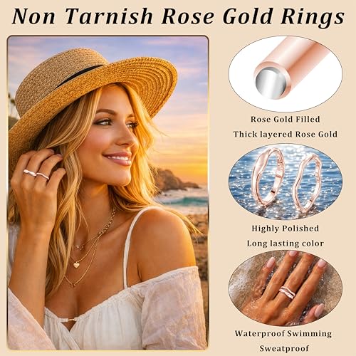 Gold Rings for Women Men Non Tarnish, Waterproof Chunky 14K Gold Plated Dainty Stackable Rings Trendy Statement Pinky Thumb Rings Engagement Eternity Wedding Band Ring Stacking Gold Jewelry Size 3 4 5 6 7 8 9 10 11 - color: Rose Gold, size: 4