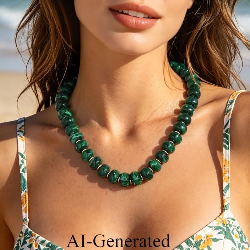 Beaded Necklaces for Women - Colorful Acrylic Beaded Chunky Necklace | Adjustable Statement Necklace, Puffy Heart Pendant, Boho Choker Necklace, Waterproof Summer Beach Jewelry, Gifts for Vacation - color: Dark Green