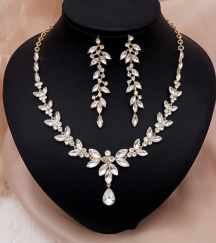 CSY Elegant Bridal Jewelry Sets Wedding Prom Homecoming Gown Accessories | Austrian Marquise Crystal Wedding Necklace Dangle Earrings Tennis Bracelet Ring Set for Bride Women Costume Accessories - color: white crystal-gold tone