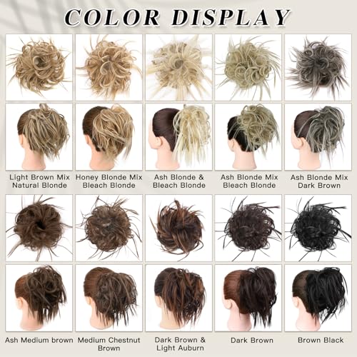 HMD Tousled Updo Messy Bun Hair Piece Ponytail Hairpieces for Women | Synthetic Hair Extension Ponytail with Elastic Rubber Band, Updo Hairpiece Hair Bun Scrunchies for Women Daily Party - color: 12H24(Light Brown Mix Natural Blonde)