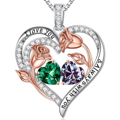 Iefil Birthstone Necklace for Women - Rose Heart Necklace | 925 Sterling Silver, Gift Box Packaging, Anniversary Birthday Gifts for Wife Mom Daughter - color: 05-06-May-Jun Birthstone