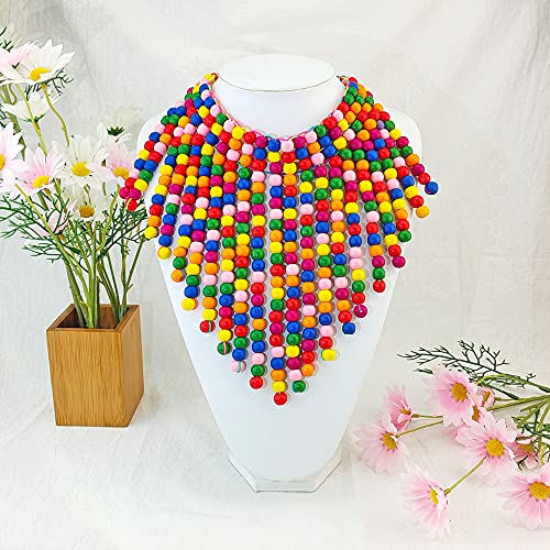 Coiris Boho African Wooden or Acrylic Beaded Bib Statement Necklace Strands Layered Cluster Chunky Collar Choker Wood Necklace for Women Fashion Costume Jewelry - color: Rainbow