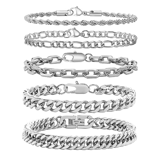 VNOX 5/7 Pcs Chain Bracelet for Men Women - Sturdy Stainless Steel Curb Width Cuban Link Chain Bracelet Set for Men Women,6.5/7/7.4/8.2/9 Inches - style: Steel Link 1