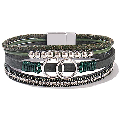 Chunky Boho Leather Wrap Bracelets Cowgirl Beaded Circle Western Jewelry | Stackable Infinity Layered Bohemian Magnetic Clasp Cuff Statement Fashion Colorful Country Hippie Outfits for Women Trendy - color: Olive Green